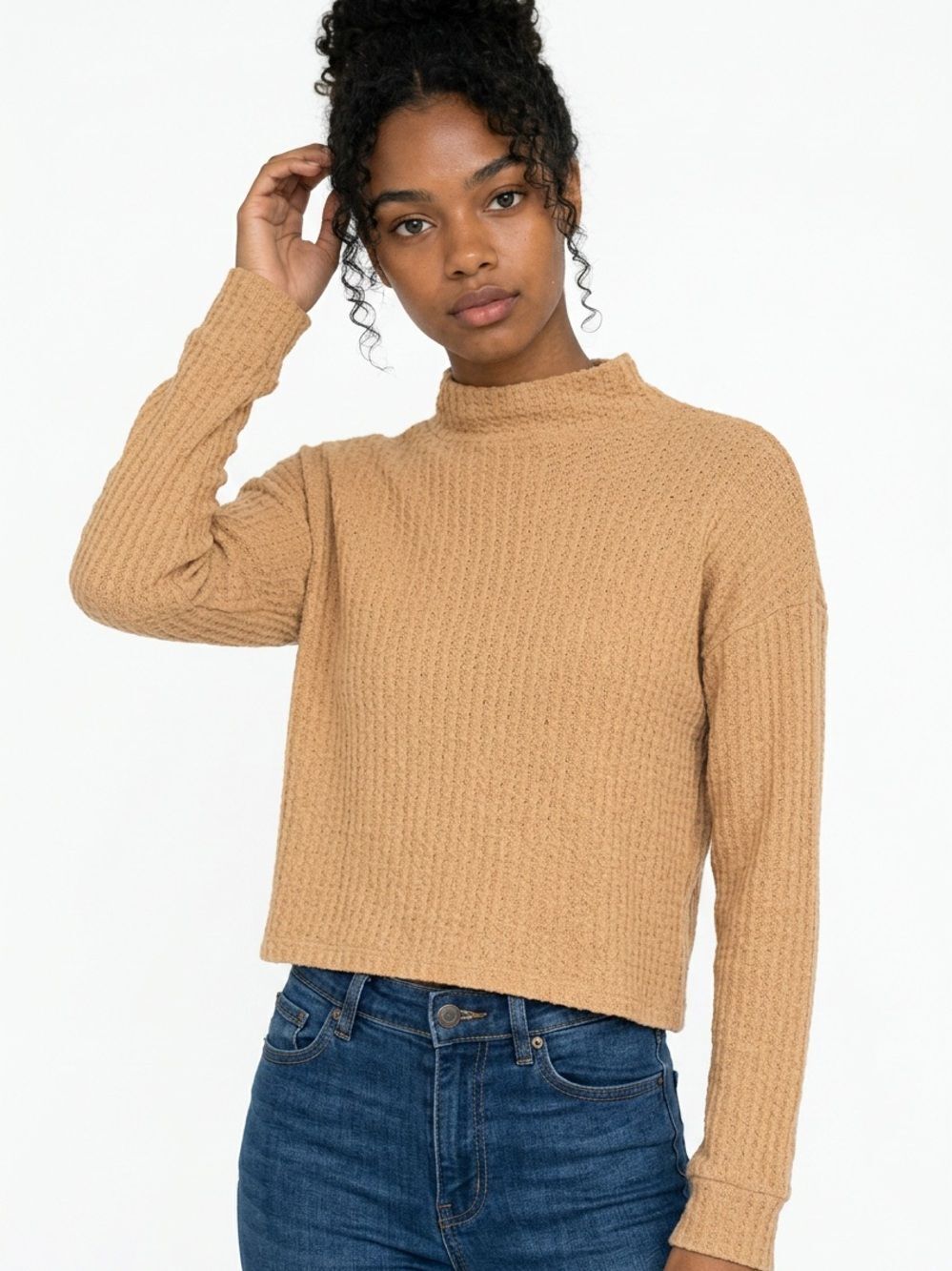AMERICAN EAGLE | Tan Textured Knit Turtleneck Top Semi Cropped Women’s Size M